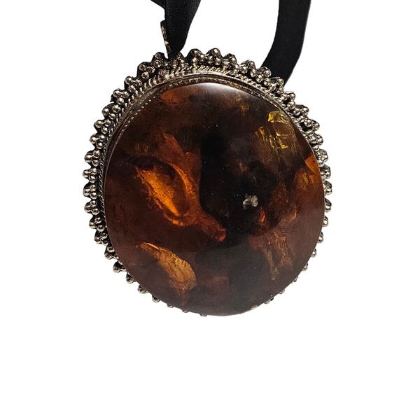 Vintage Huge Round Amber in Silver Tone Metal Pendant on Black Ribbon Necklace - Picture 3 of 7